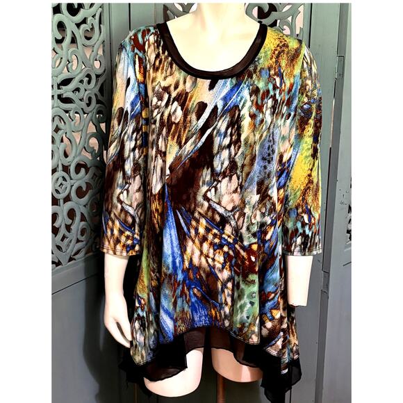 Peck & Peck Round Neck Flowy Top-Butterfly Wings-Sheer Handkerchief Hem & Neck-L - Picture 1 of 9